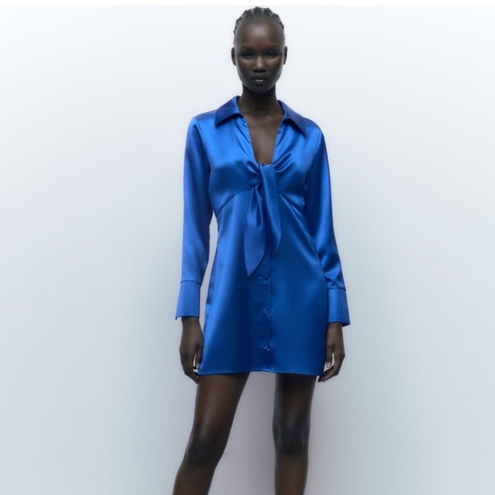 Zara Blue Satin Long Sleeve Dress Medium